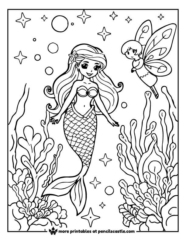 fairy fluttering next to a mermaid in a coral reef with sparkles coloring page