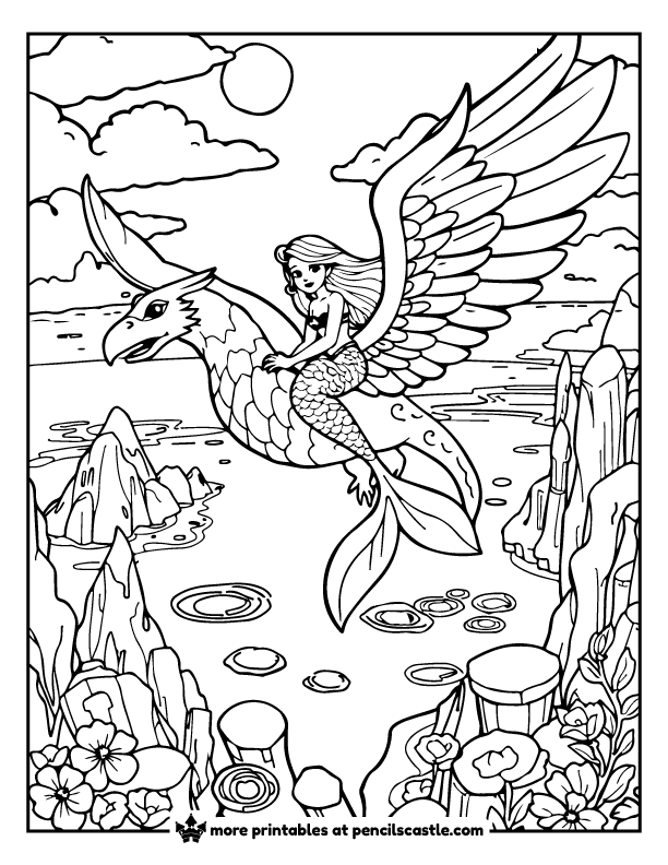 mermaid riding a griffin over an island coloring page