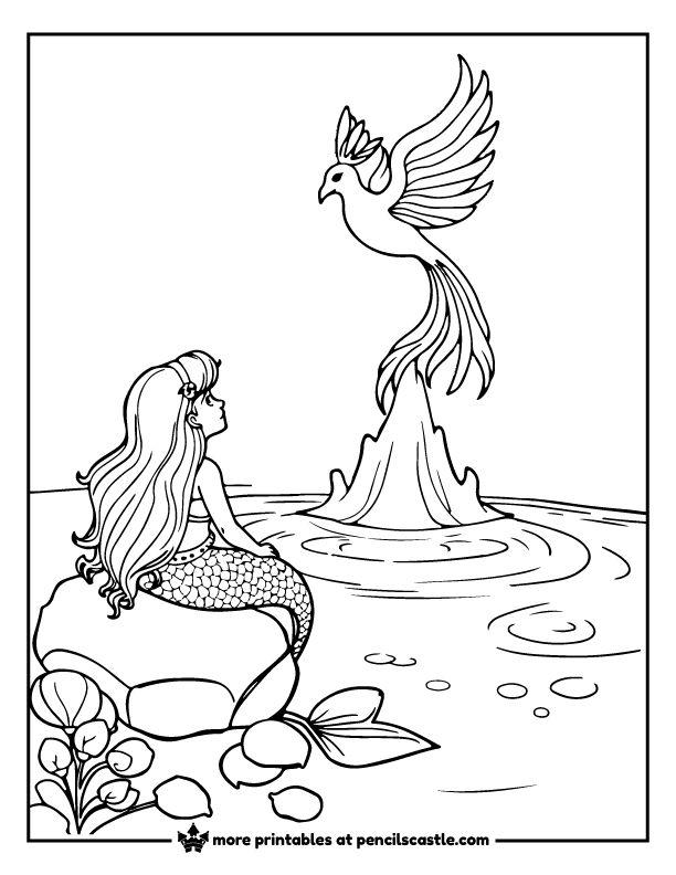 mermaid watching a phoenix rise from the water coloring page