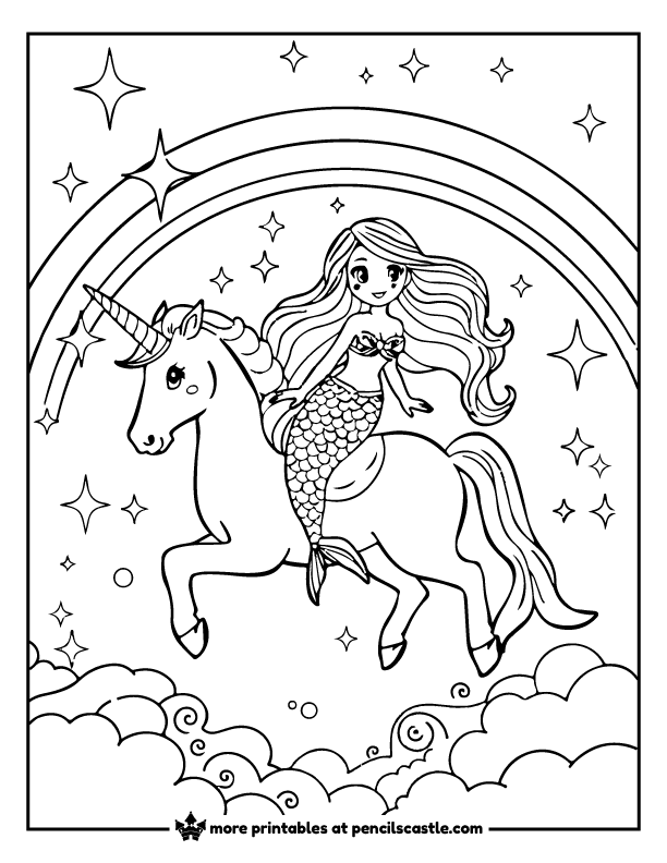 mermaid riding a unicorn through rainbow and sparkles coloring page