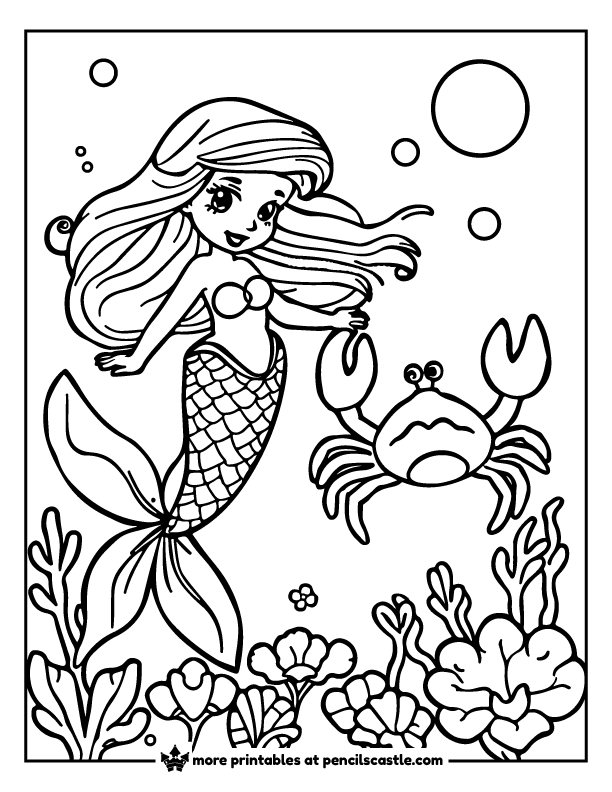 mermaid swimming next to a crab in a coral reef coloring page