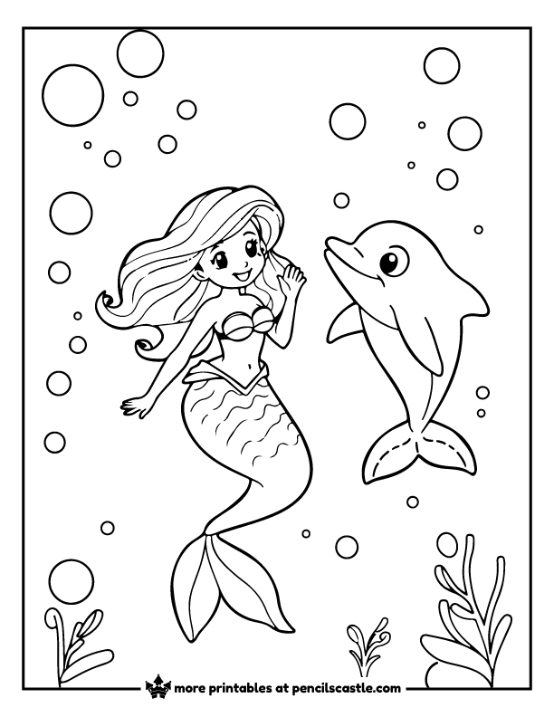 mermaid playing with a dolphin with seaweed and bubbles coloring page