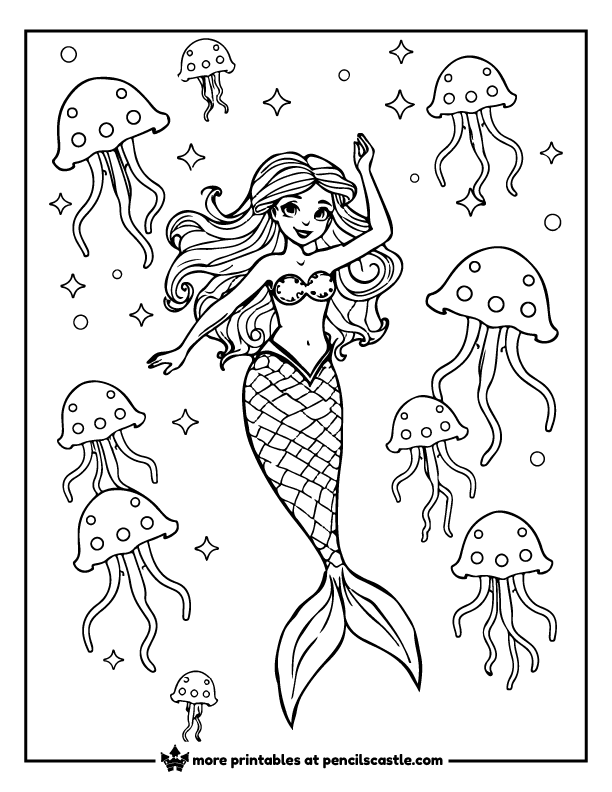 Mermaid dancing among floating jellyfish with sparkles around coloring page