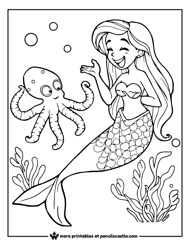 smiling mermaid meeting an octopus under the ocean coloring page