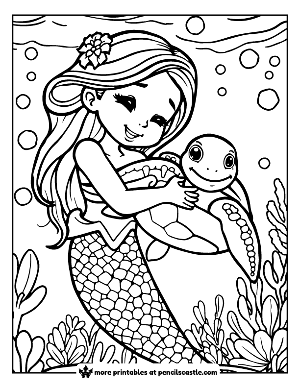 mermaid hugging a smiling sea turtle underwater coloring page