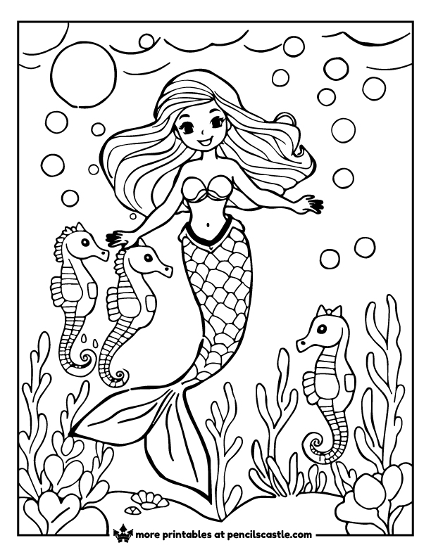 mermaid swimming with a group of seahorses in a coral reef coloring page