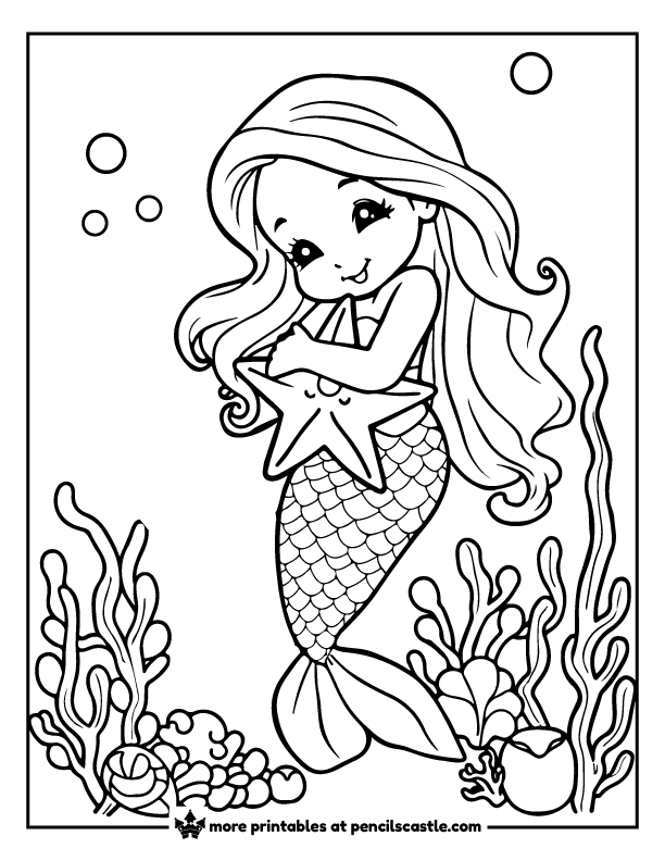 mermaid hugging a starfish near coral and seaweed coloring page