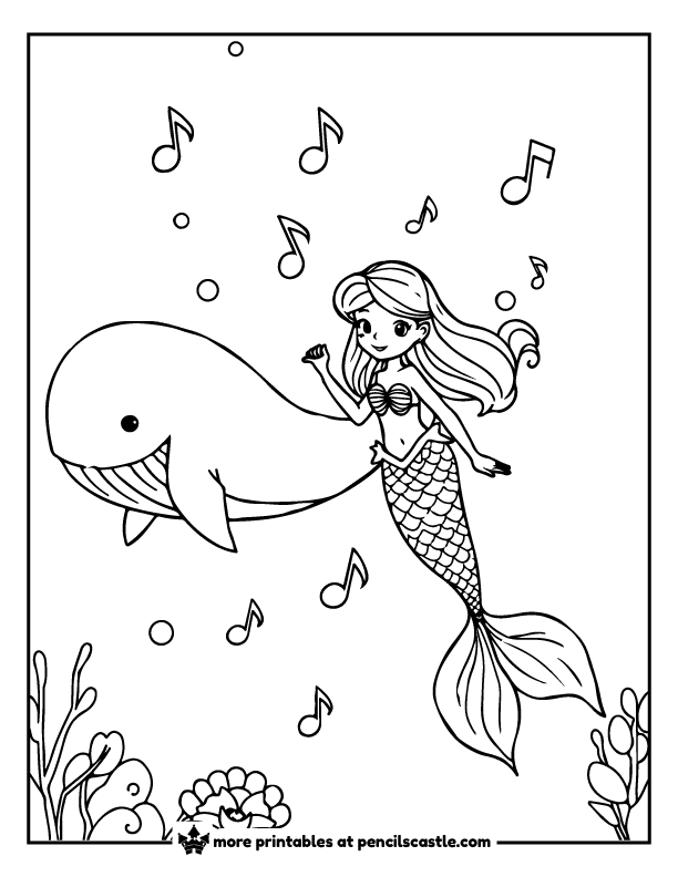 mermaid floating beside a whale with musical notes in the water coloring page