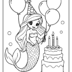 mermaid in a party hat with balloons and a birthday cake coloring page