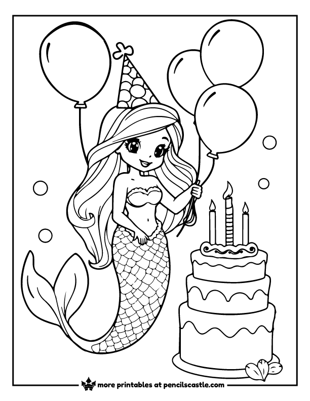 mermaid in a party hat with balloons and a birthday cake coloring page