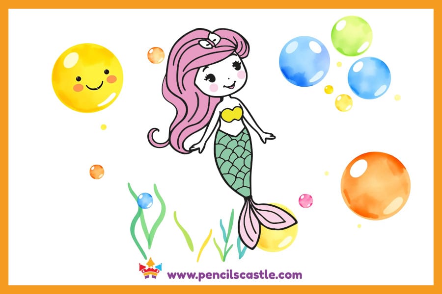 mermaid drawing surrounded by ocean bubbles