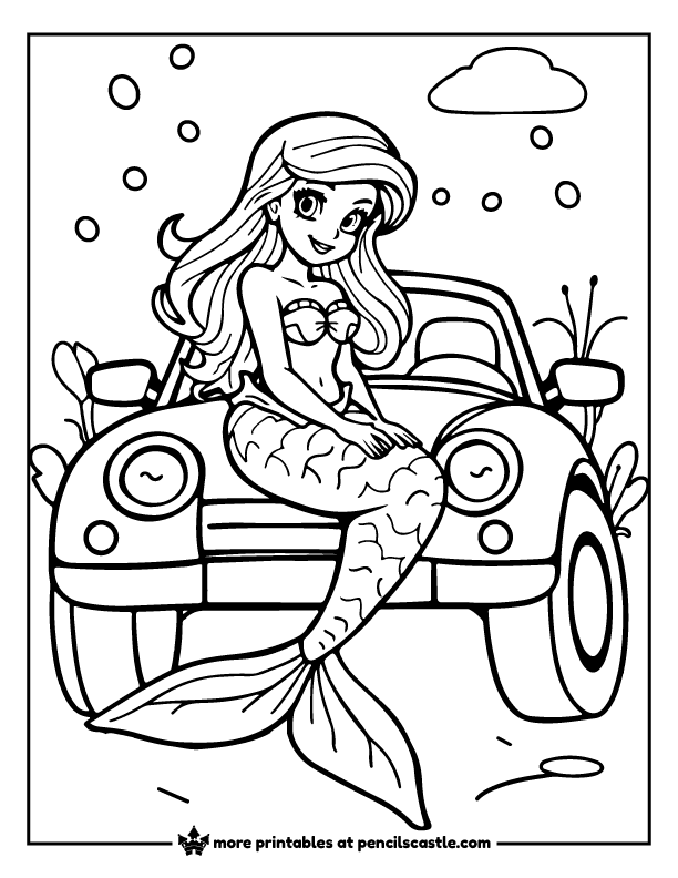 mermaid sitting on a car coloring page