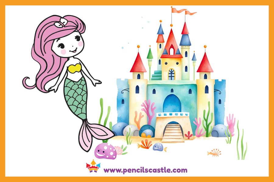 mermaid drawing near an underwater castle