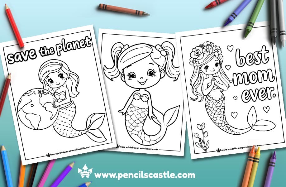 three mermaid coloring pages with pencils and crayons on a blue background