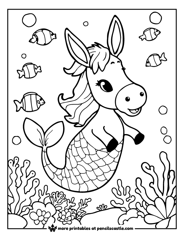 donkey with a mermaid tail, swimming underwater amongst coral and fish coloring sheet