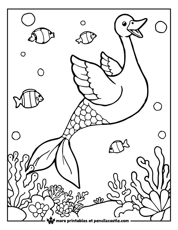 goose with a mermaid tail, swimming underwater amongst coral and fish coloring page