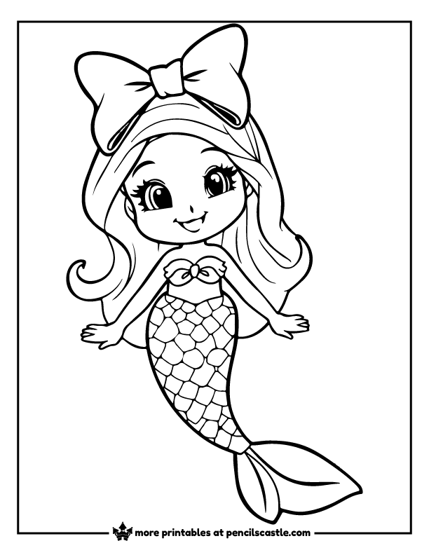 cute mermaid with a giant bow on her head coloring page