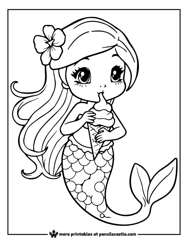 mermaid licking an ice cream cone coloring page