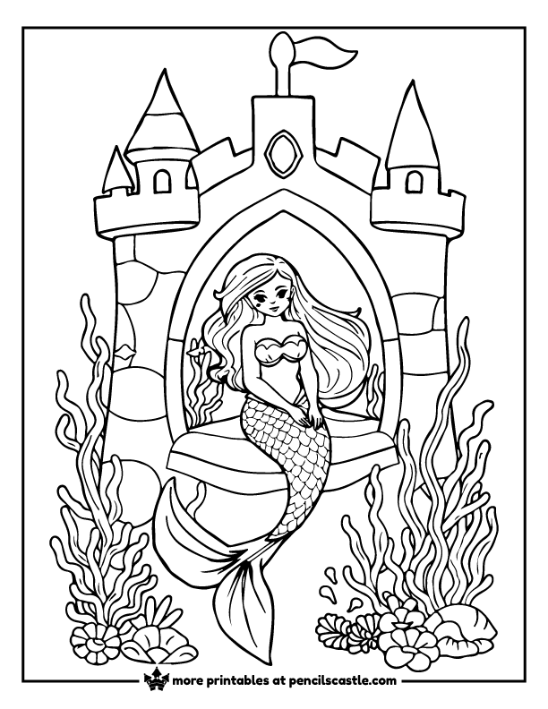 mermaid relaxing in a coral castle surrounded by seaweed coloring page
