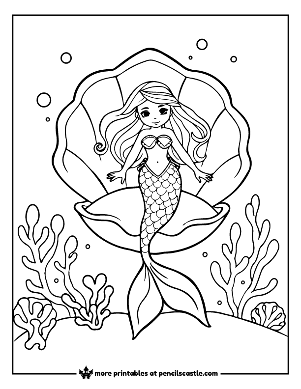 mermaid sitting in an open seashell with seaweed coloring page