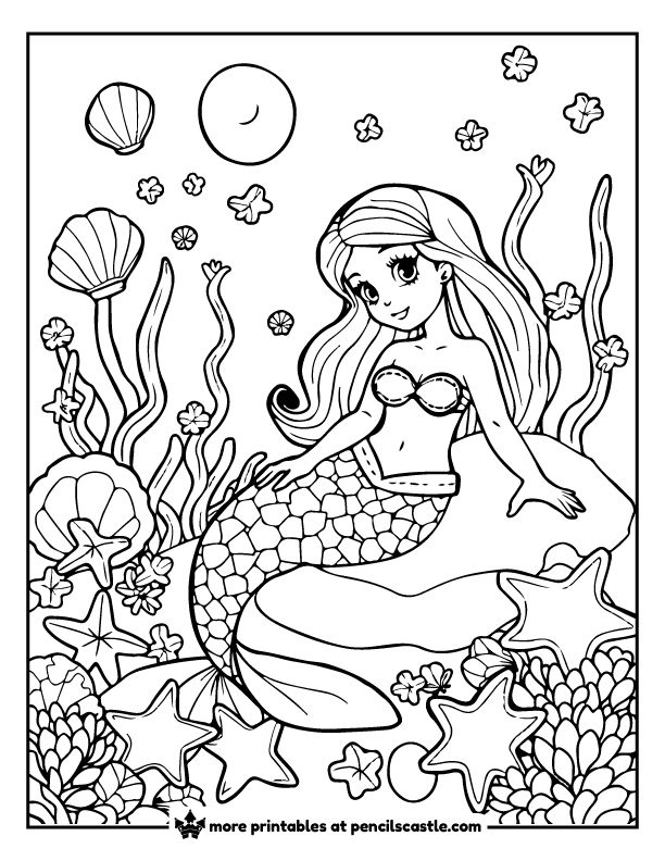 mermaid lounging in a garden of seashells, sea stars, and kelp coloring page