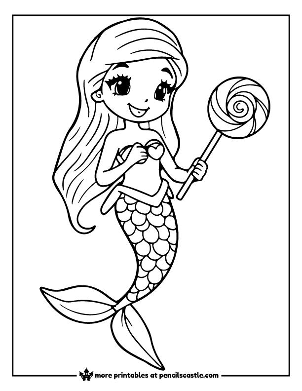 mermaid holding a swirly lollipop coloring page