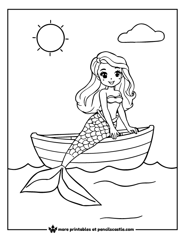 mermaid sitting in a small boat on wavy water coloring sheet
