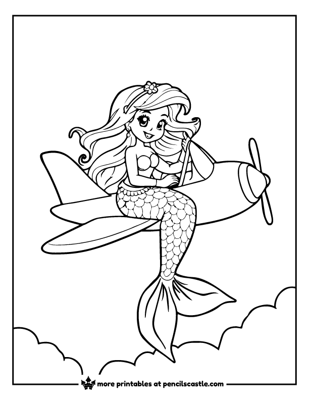 mermaid flying in a plane above clouds coloring sheet