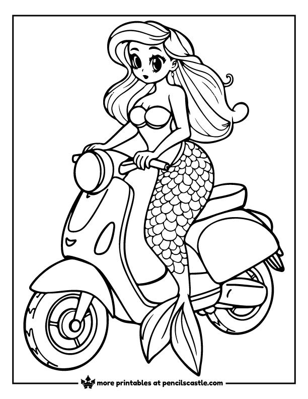 mermaid driving a scooter coloring page