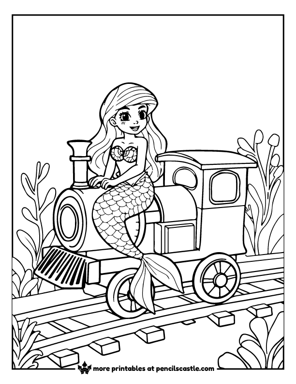 mermaid riding on a small train coloring page