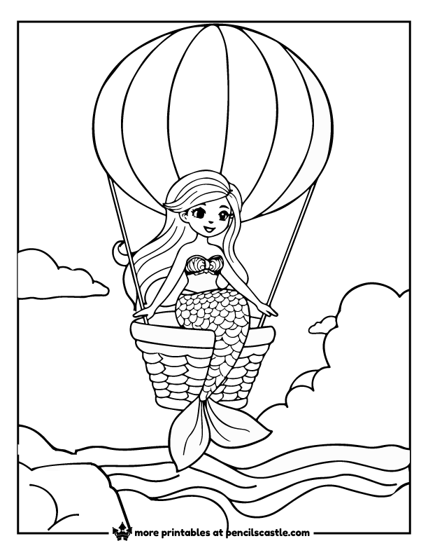 mermaid floating in a hot air balloon over the ocean coloring sheet