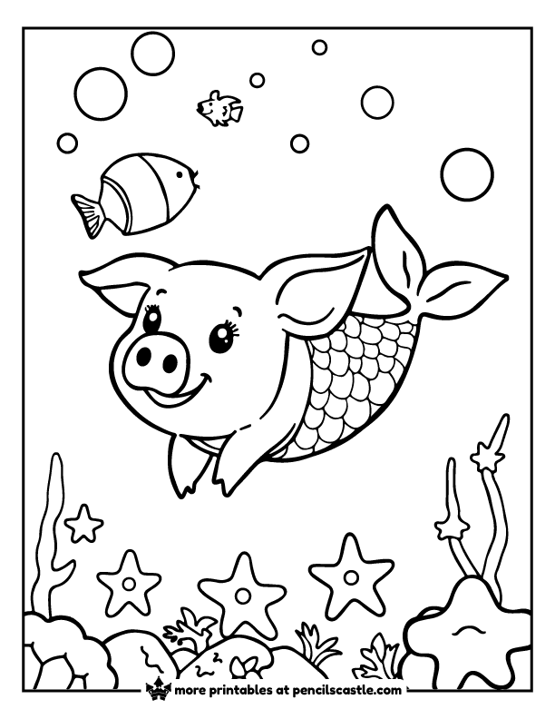 pig with a mermaid tail, swimming underwater with fish, starfish, and coral coloring page