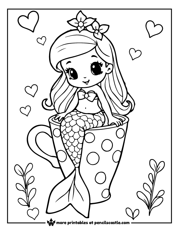 mermaid sitting on a polka-dot teacup coloring sheet