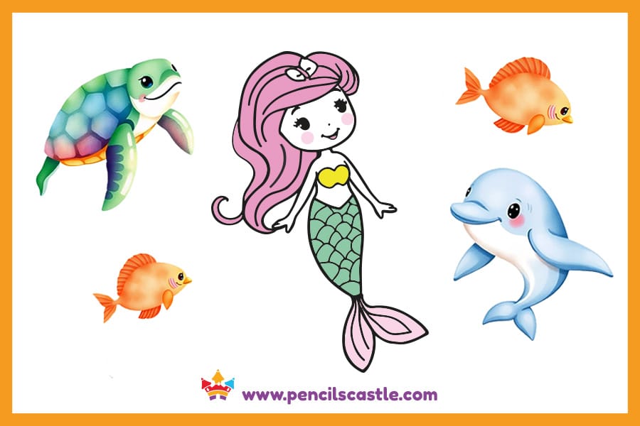 mermaid drawing surrounded by fish, turtle, and a dolphin
