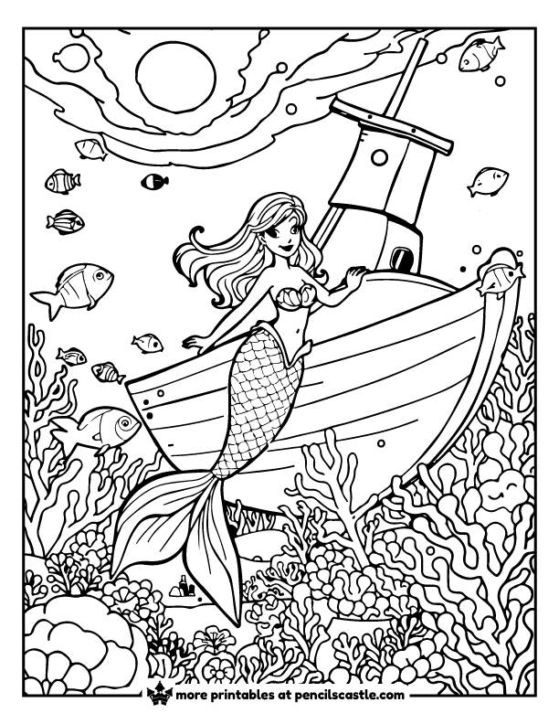 mermaid swimming near a sunken shipwreck with coral and fish all around coloring page