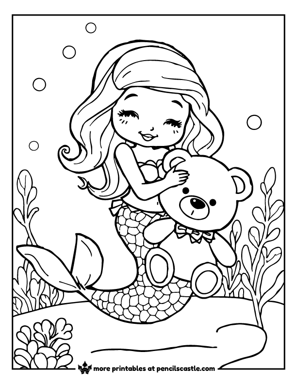 mermaid cuddling a teddy bear underwater coloring sheet