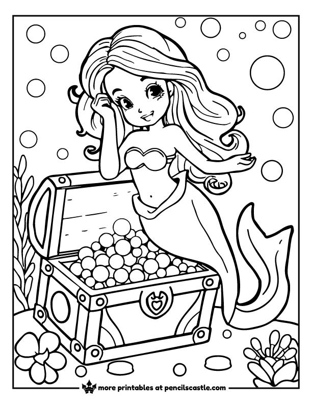 mermaid and a treasure chest filled with pearls under the ocean coloring page