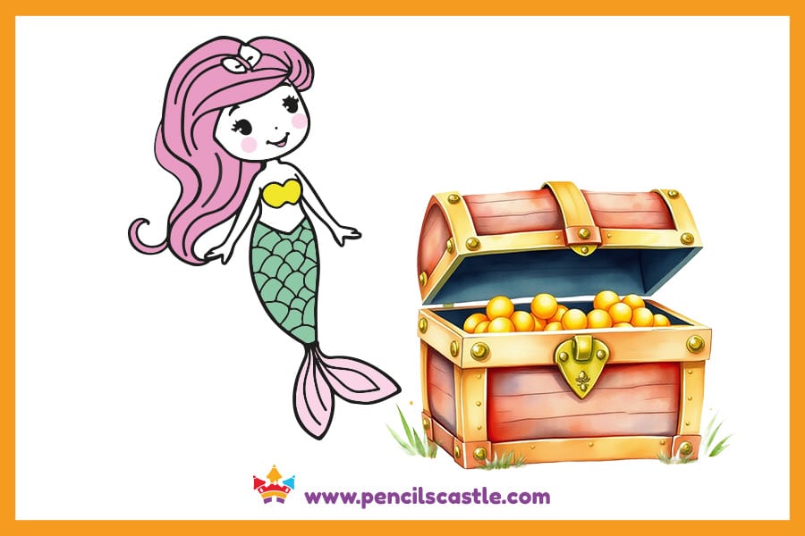 mermaid drawing next to a treasure chest