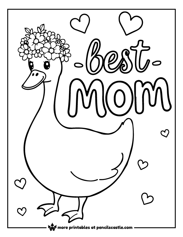 goose mom wearing a flower crown with 'best MOM' text and hearts floating around coloring page