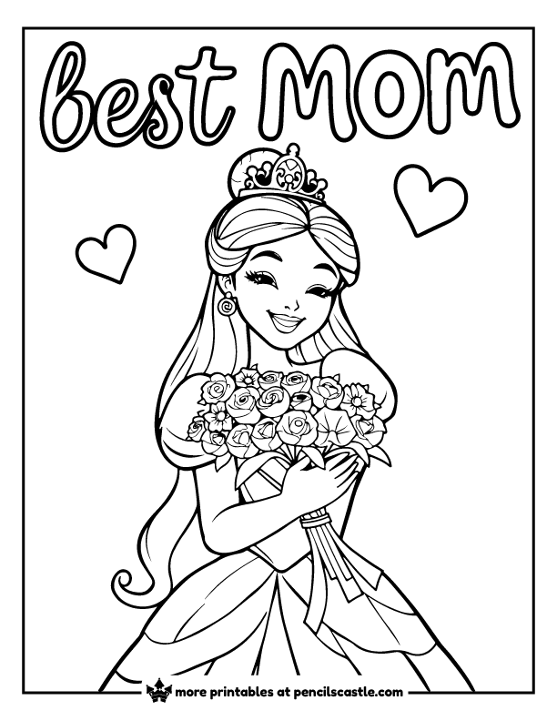 Princess holding a flower bouquet with 'best mom' text coloring page