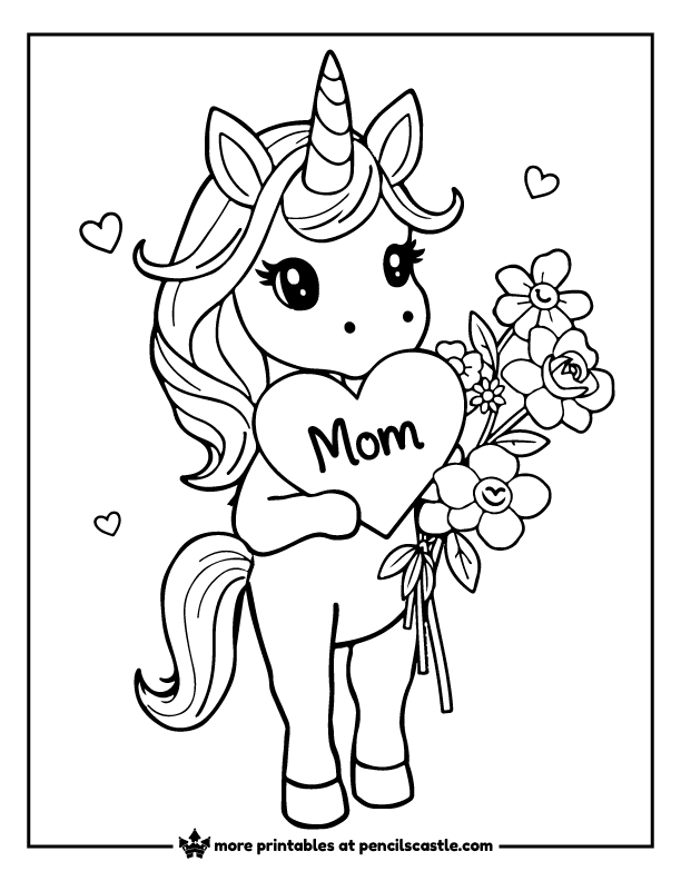 unicorn holding flowers with a “Mom” heart coloring page