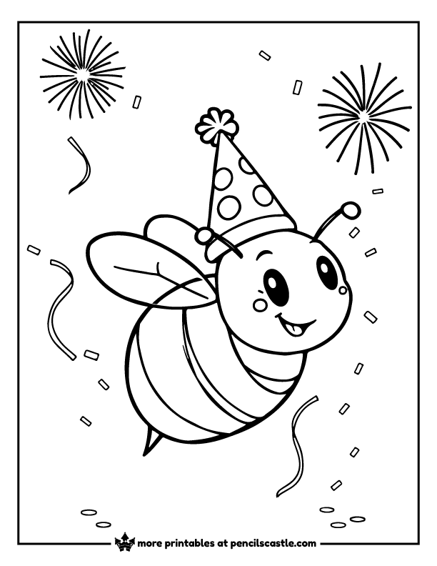 bee wearing a party hat with fireworks and confetti coloring sheet