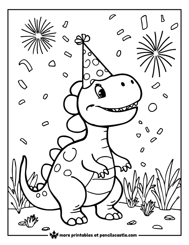 dinosaur wearing a party hat with confetti and fireworks coloring page
