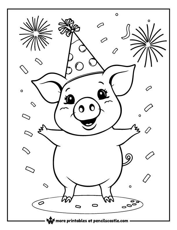 pig in a party hat with confetti and fireworks coloring page