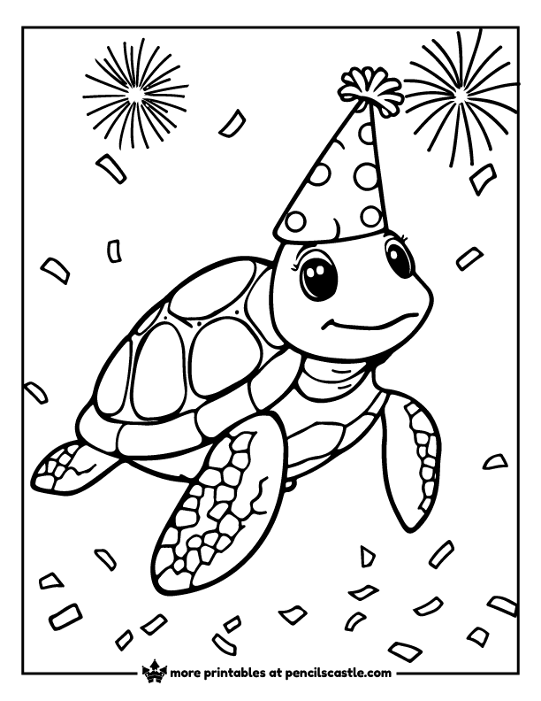 Turtle wearing a party hat surrounded by confetti and fireworks coloring page