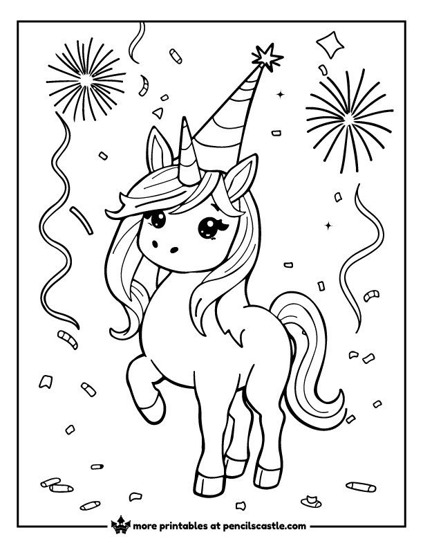unicorn in a party hat with confetti and fireworks coloring page