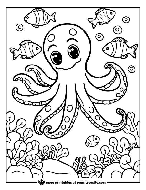 Octopus surrounded by fish and sea plants coloring sheet