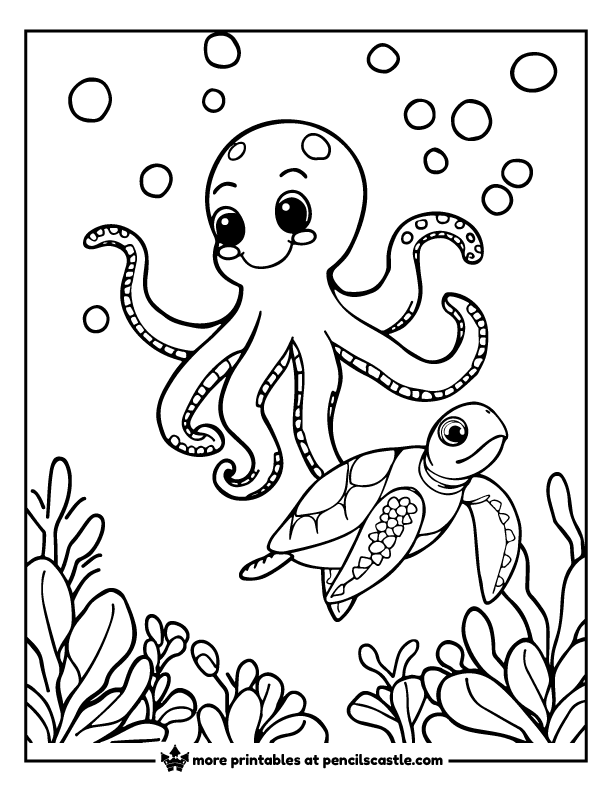 Cute octopus swimming alongside a turtle coloring page
