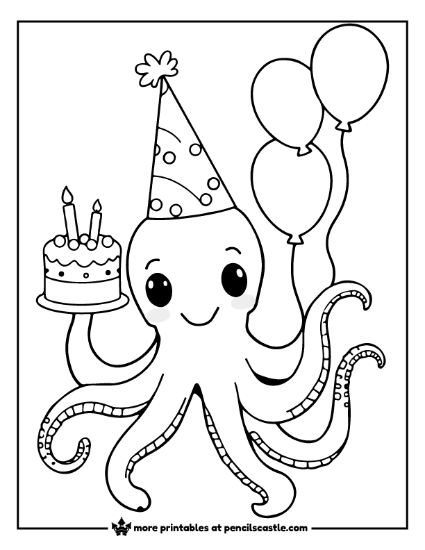 Octopus in a party hat with a birthday cake and balloons coloring sheet