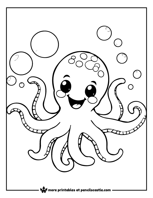 Happy octopus surrounded by floating bubbles coloring sheet